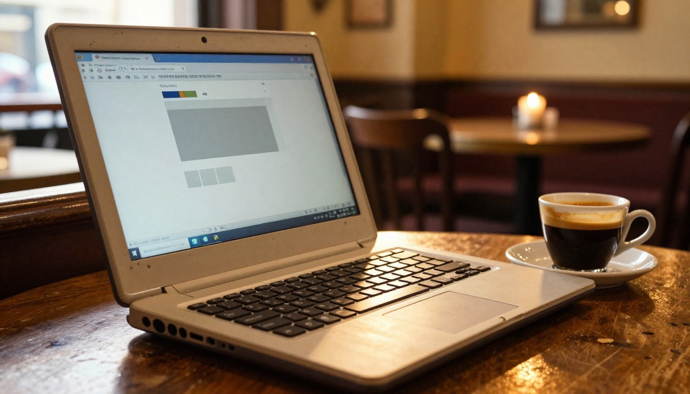 Old beige laptop with a frozen browser screen, loading spinner stuck, on a worn wooden cafe table with espresso cup