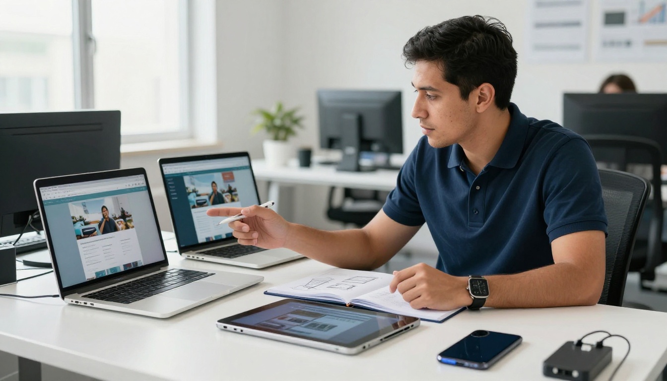 Quality assurance professional testing the same flipbook across five different devices in a bright modern office