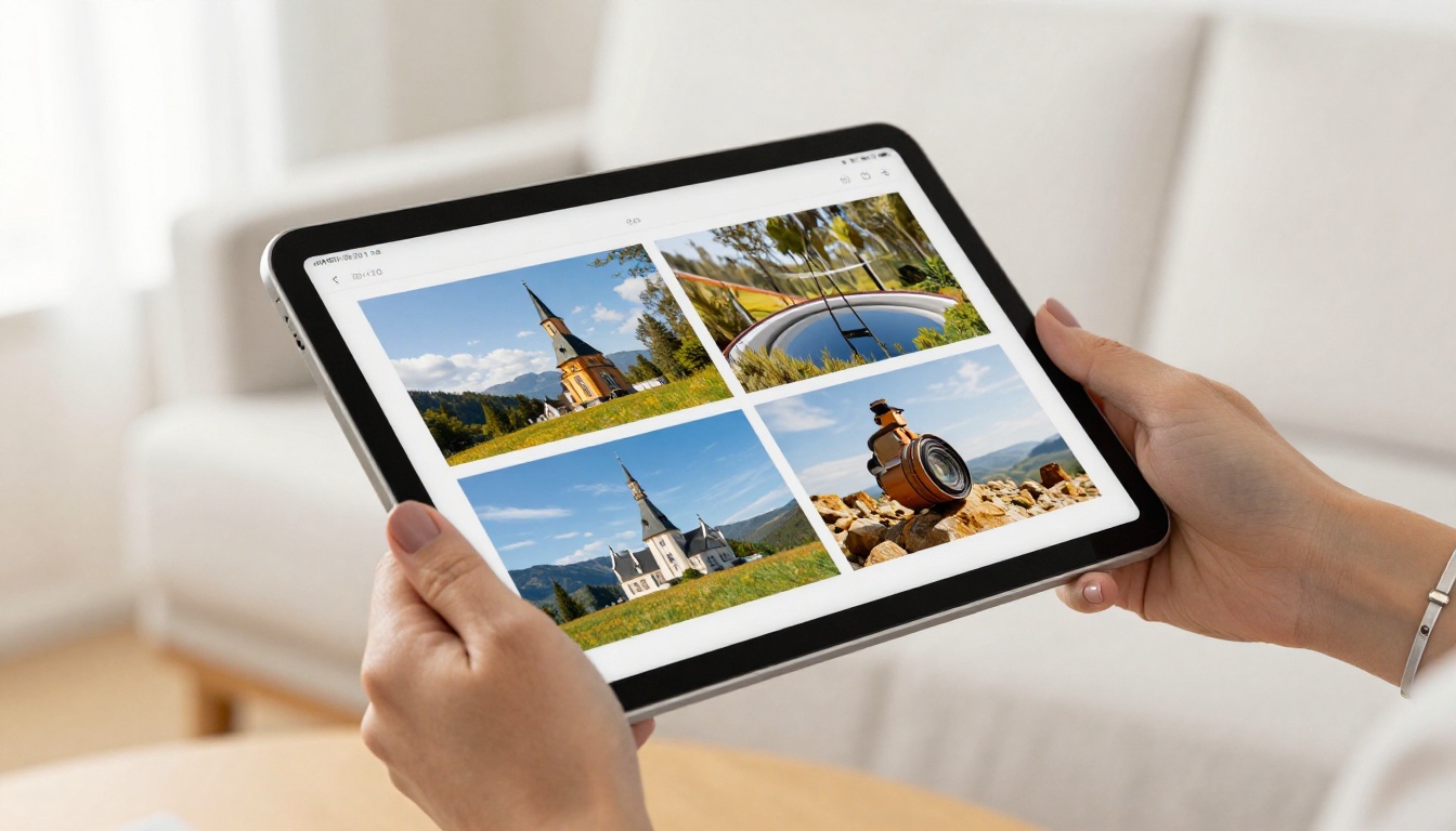 Close-up of hands holding an iPad Pro displaying a crisp flipbook with page-turn animation mid-flip, bright window light