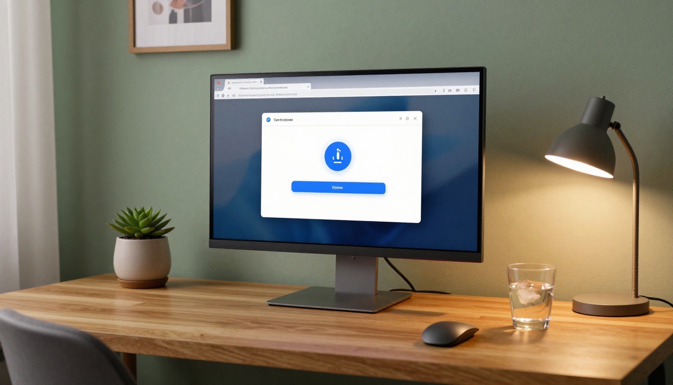 Modern flat-panel monitor showing a browser update notification in a tidy home office with sage green wall and warm desk lamp