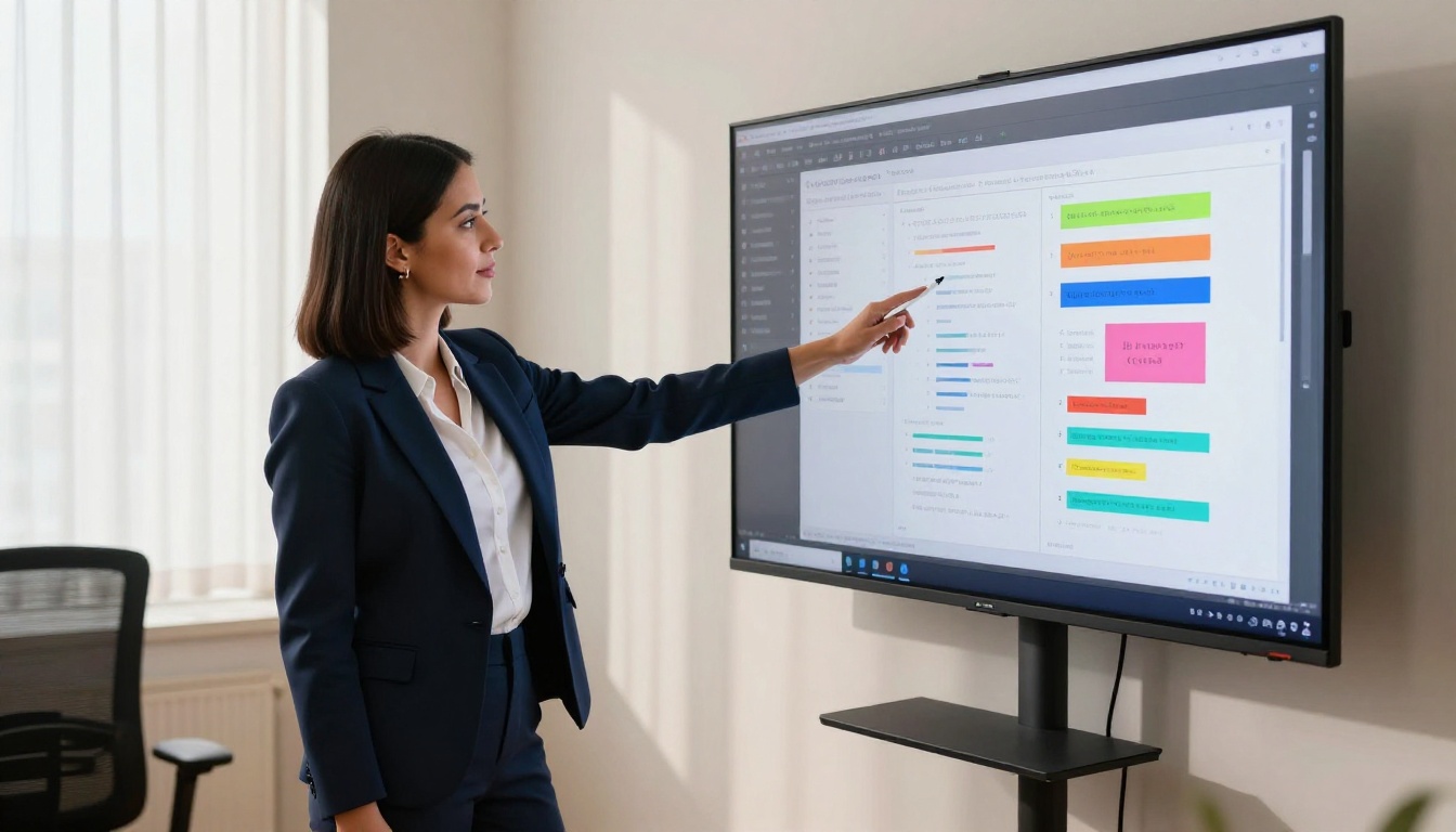 Latina businesswoman in navy blazer pointing at wall monitor showing colorful document layout in a modern marketing office Latina businesswoman in navy blazer pointing at wall monitor showing colorful document layout in a modern marketing office