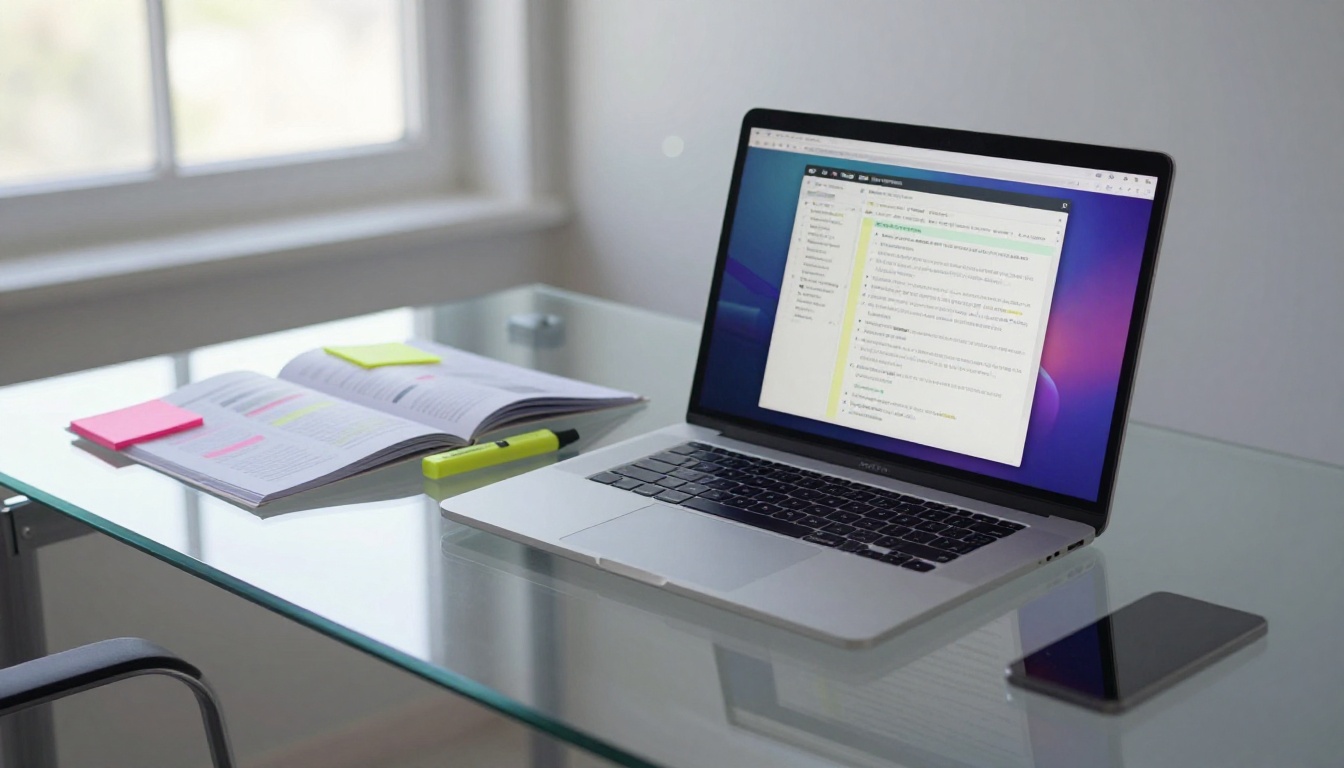 Aerial view of glass desk with MacBook showing colorful document spread, printed brochure, highlighter and sticky notes Aerial view of glass desk with MacBook showing colorful document spread, printed brochure, highlighter and sticky notes