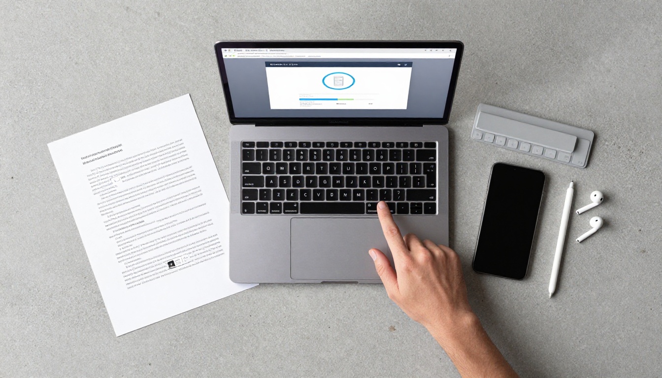 Overhead flat-lay of a laptop showing a PDF upload interface beside a printed document and smartphone on a concrete desk surface