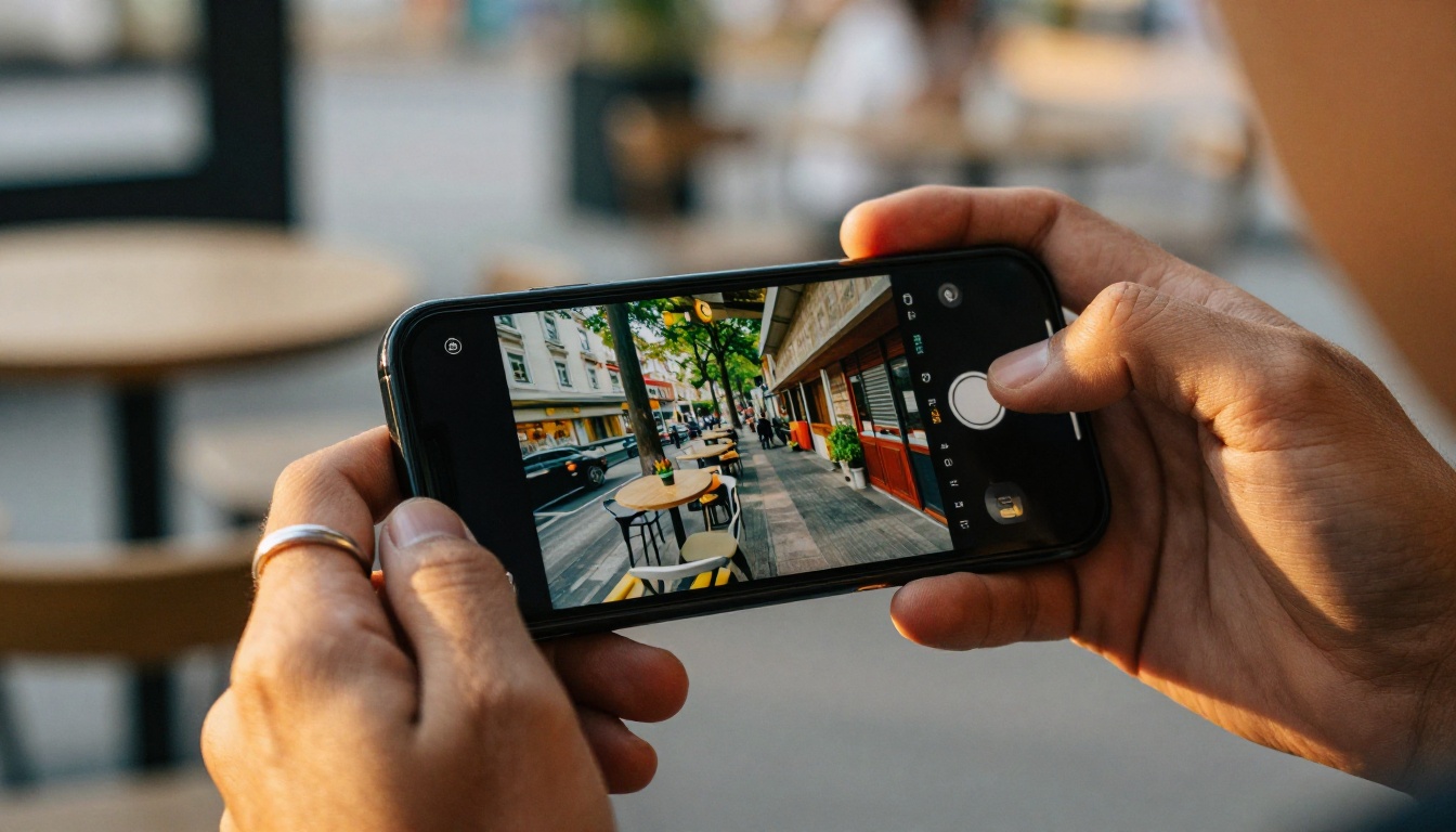 Close-up of man's hands holding smartphone showing colorful digital publication at a blurred outdoor cafe