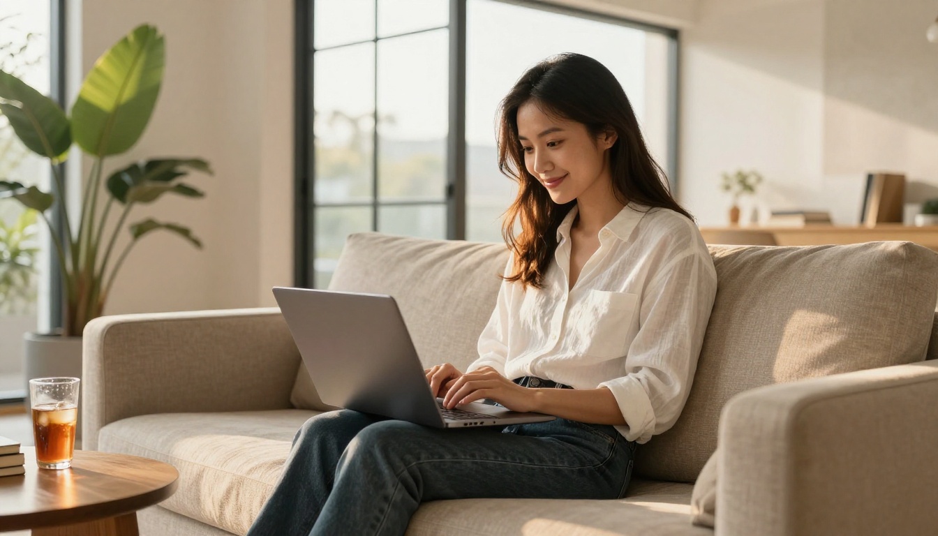 Young woman smiling, relaxed, reading a digital flipbook on a laptop in a bright sunlit living room with warm golden afternoon light