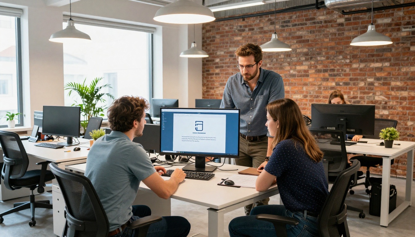 Team members collaborating on edits around a monitor in a modern office