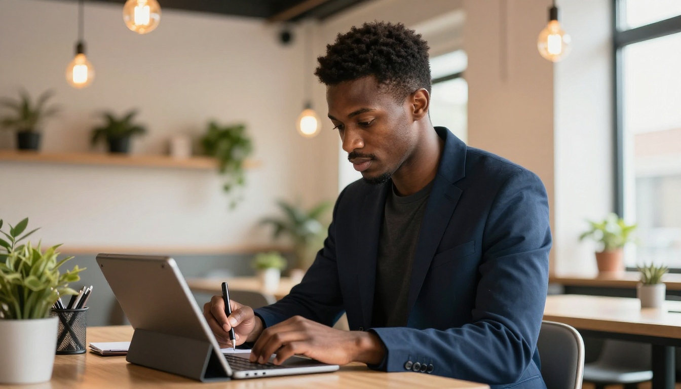 Professional young Black man in navy blazer at standing desk scrolling tablet in a bright co-working space Professional young Black man in navy blazer at standing desk scrolling tablet in a bright co-working space