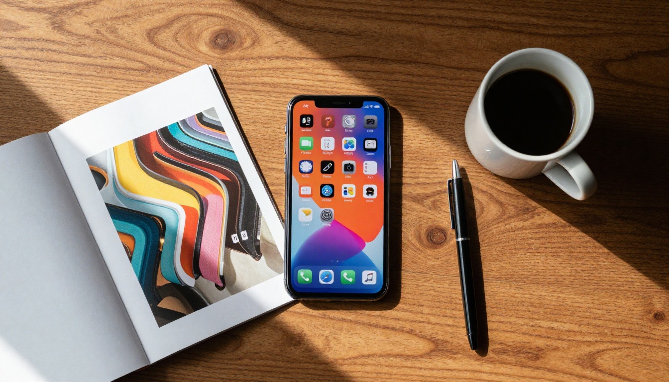 Top-down flat lay of smartphone showing digital catalog, printed catalog, pen and coffee cup on walnut wood desk