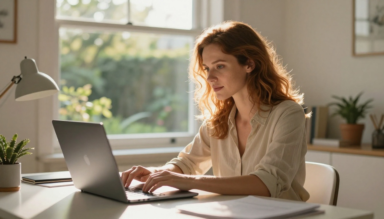 Woman with auburn hair working on laptop in sunlit home office with garden view behind her
