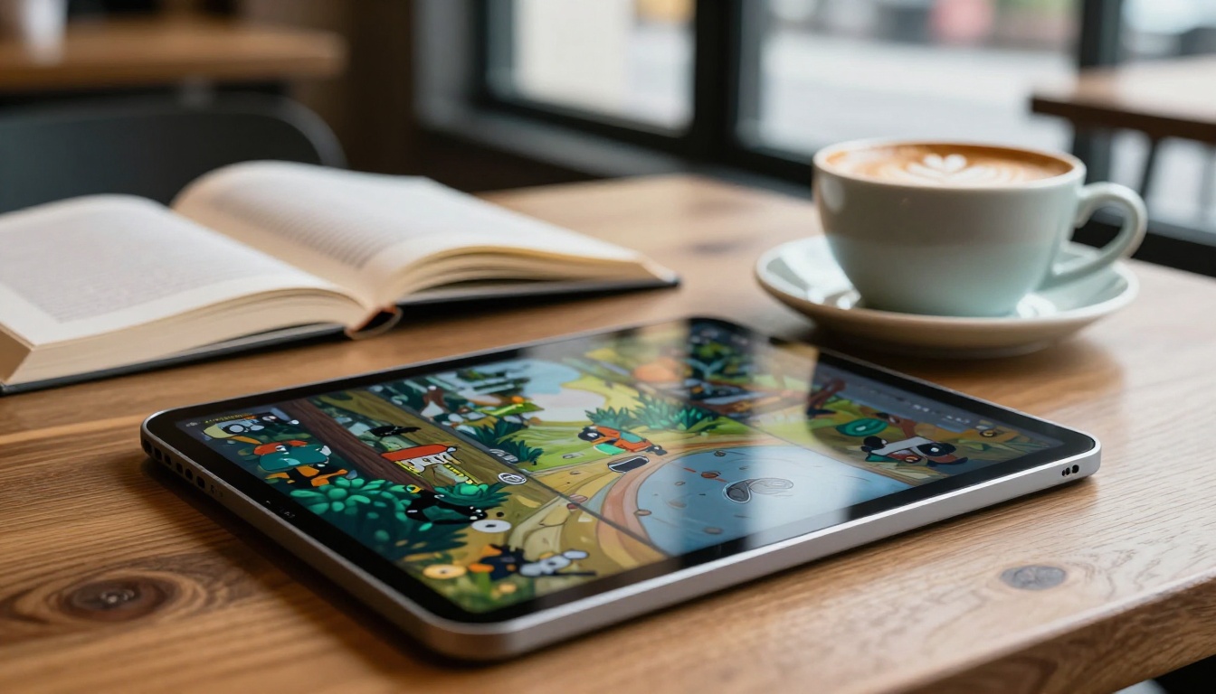 Digital flipbook on a tablet in a café