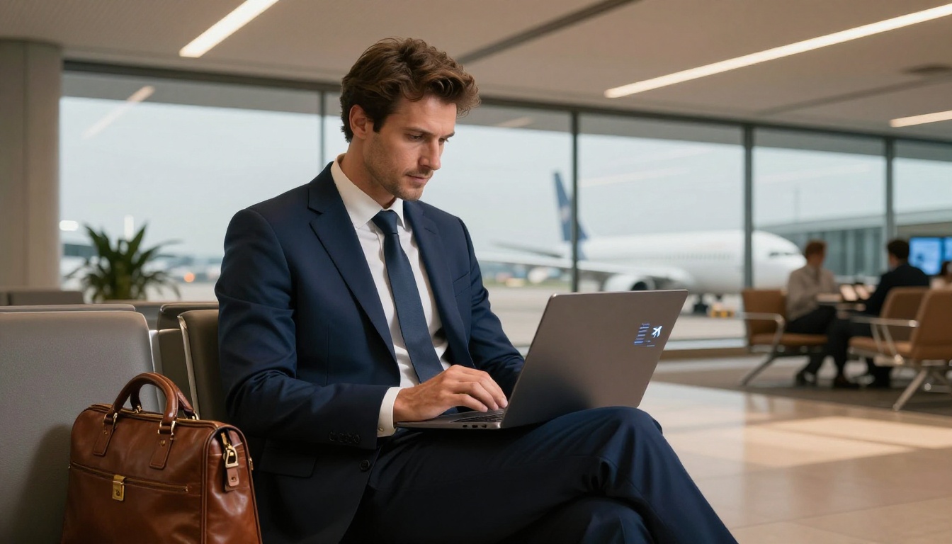 Businessman with laptop in airport lounge offline