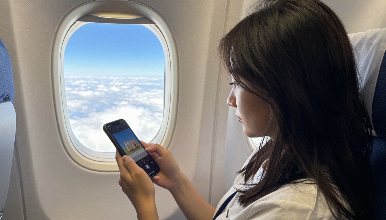 Woman reading flipbook on airplane without internet