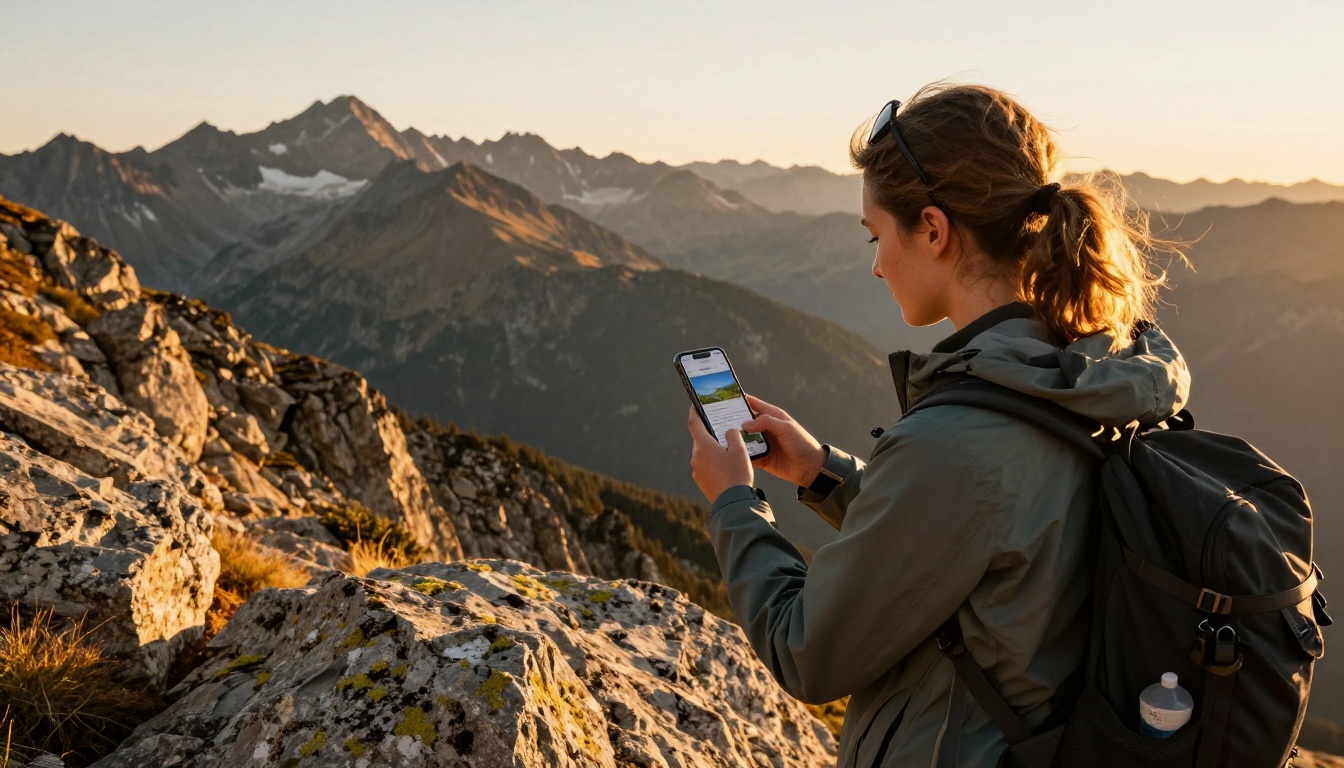 Woman hiking in mountains reading flipbook offline