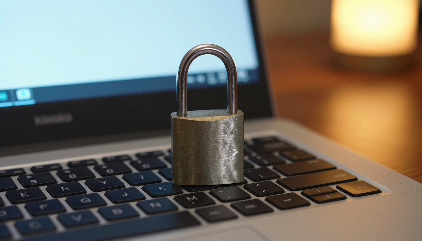Close-up of a padlock resting on a laptop keyboard representing digital content security