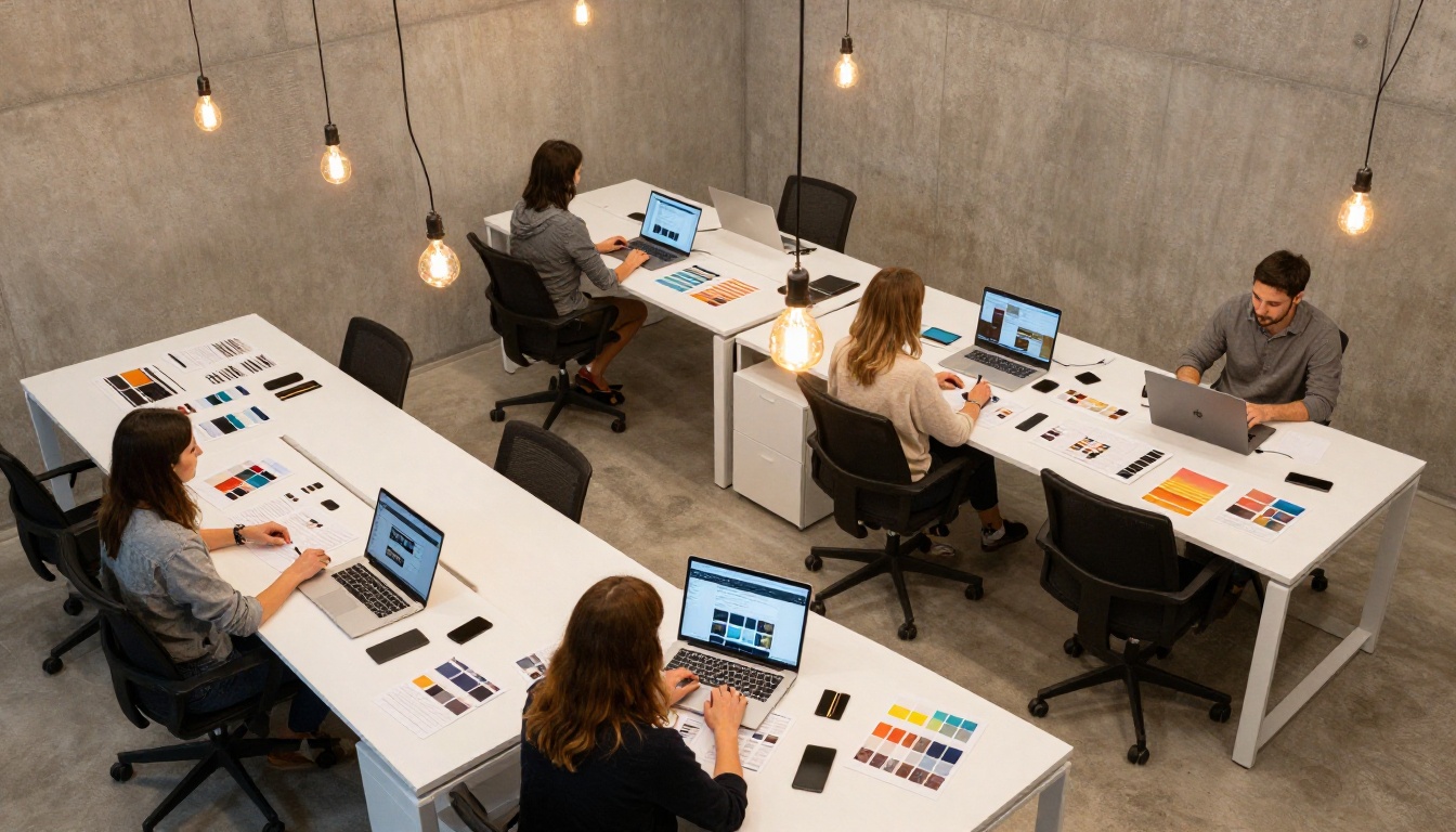 Aerial view of a creative agency office with designers working on digital publication layouts Aerial view of a creative agency office with designers working on digital publication layouts
