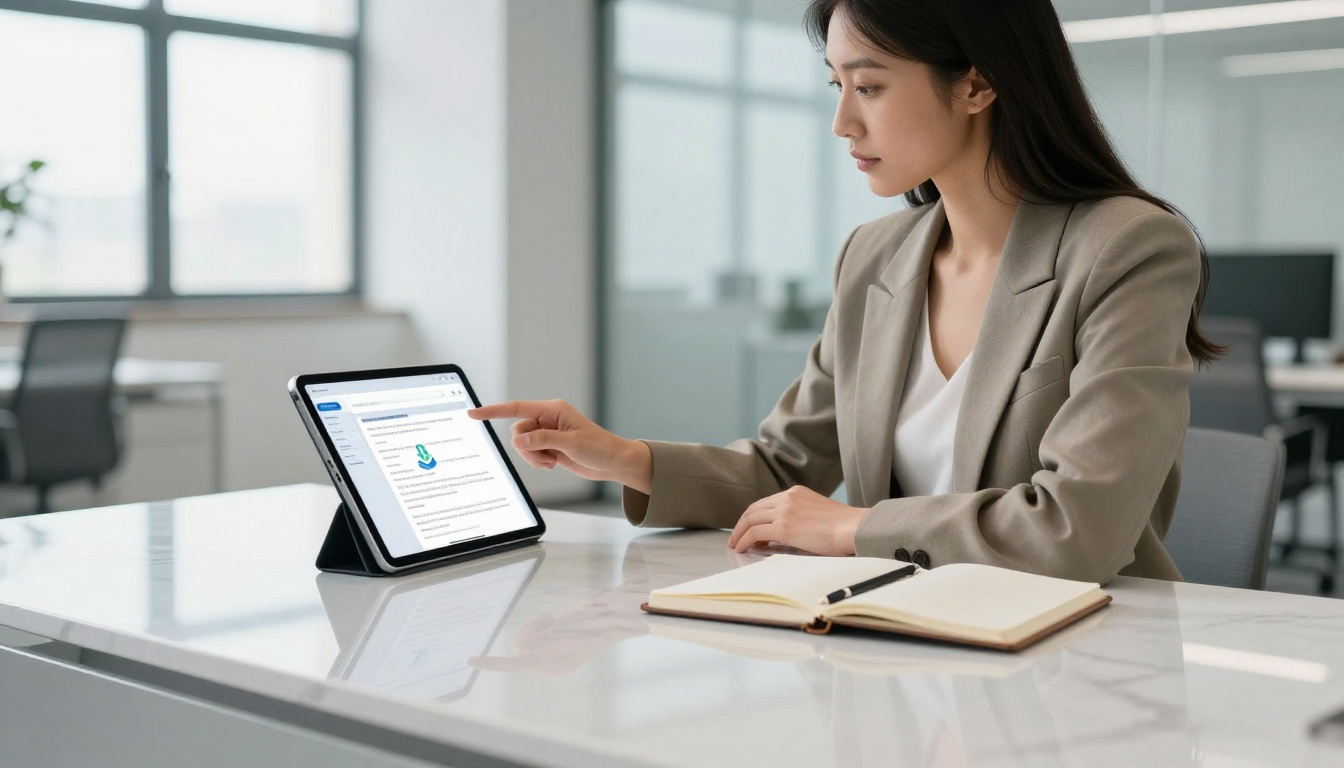 Business professional reviewing digital flipbook sharing settings on a tablet at a glass desk