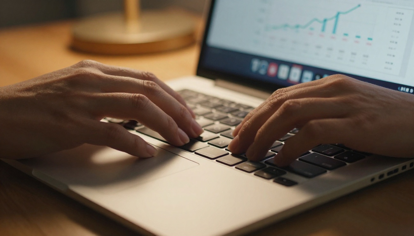 Close-up of female hands typing on a laptop keyboard with SEO analytics dashboard visible on screen Close-up of female hands typing on a laptop keyboard with SEO analytics dashboard visible on screen