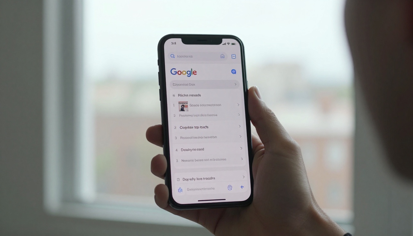 Smartphone held in hand showing a Google search results page with a digital flipbook indexed Smartphone held in hand showing a Google search results page with a digital flipbook indexed