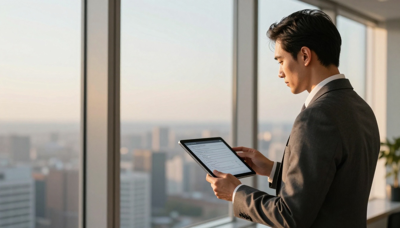 Business executive reviewing digital document sharing settings on a tablet with city skyline in background