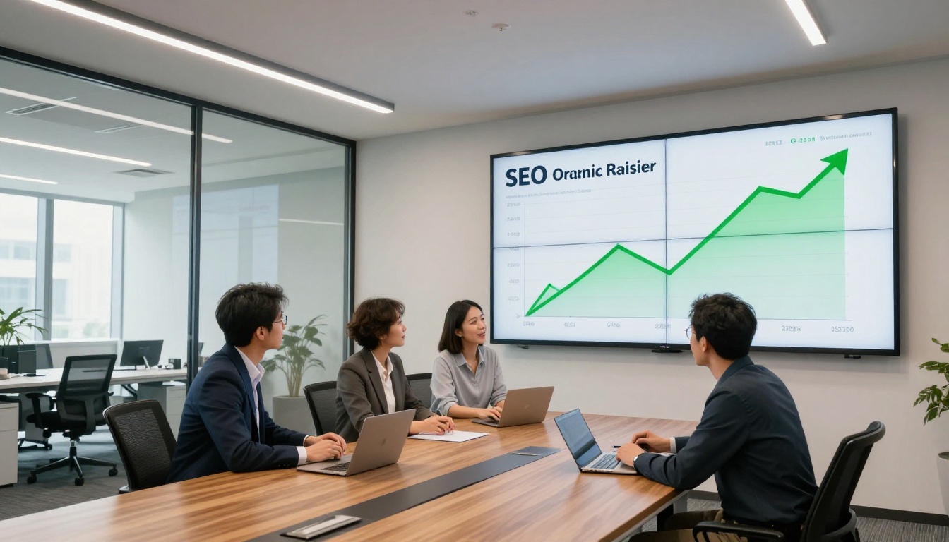 Wide-angle marketing office with wall-mounted SEO performance charts and professionals in discussion Wide-angle marketing office with wall-mounted SEO performance charts and professionals in discussion