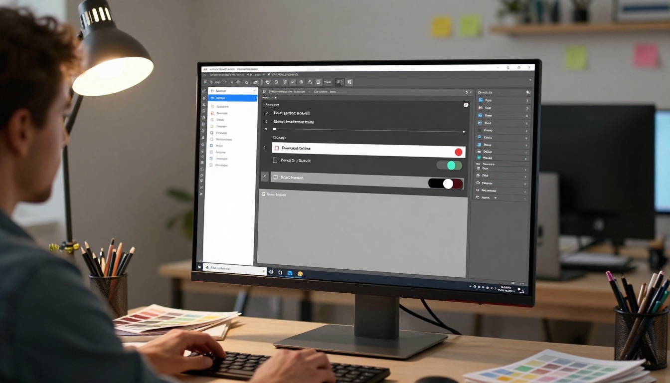 Designer reviewing flipbook privacy and download permission settings on a large ultrawide monitor in a creative studio