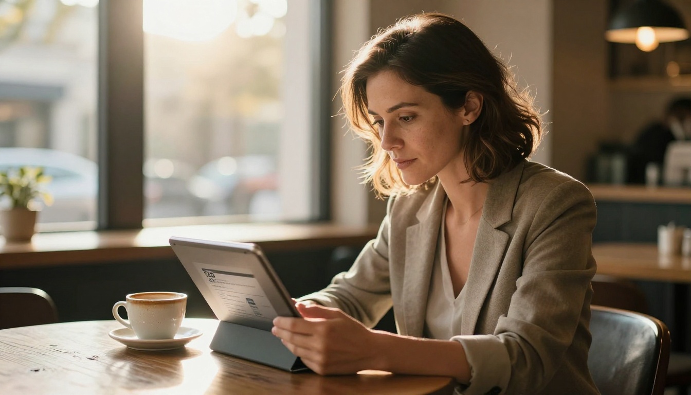 Female content strategist reviewing an SEO audit report on a tablet at a cafe workspace
