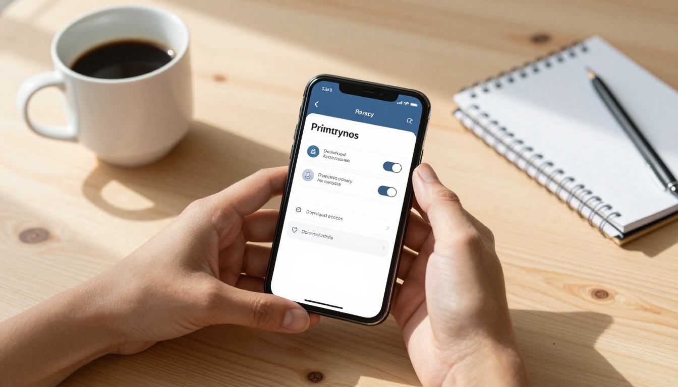 Person checking flipbook privacy and download settings on a smartphone at a pine wood desk with coffee Person checking flipbook privacy and download settings on a smartphone at a pine wood desk with coffee