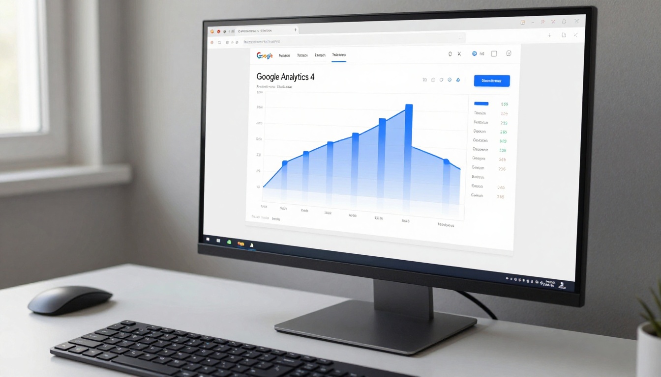 Desktop monitor showing Google Analytics 4 dashboard with organic publication traffic data