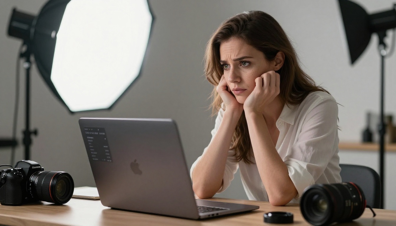 Professional photographer reviewing portfolio sharing settings on a laptop in a photography studio
