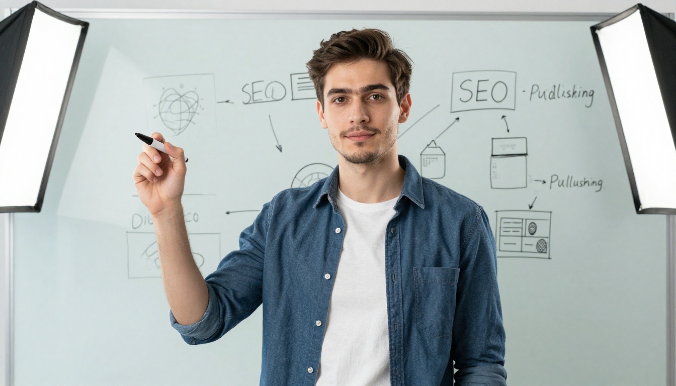 Young digital marketing professional at a glass whiteboard covered in SEO strategy diagrams