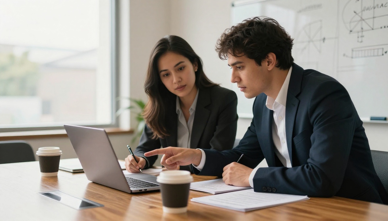 Two colleagues discussing document security settings at a polished oak conference table with a laptop Two colleagues discussing document security settings at a polished oak conference table with a laptop