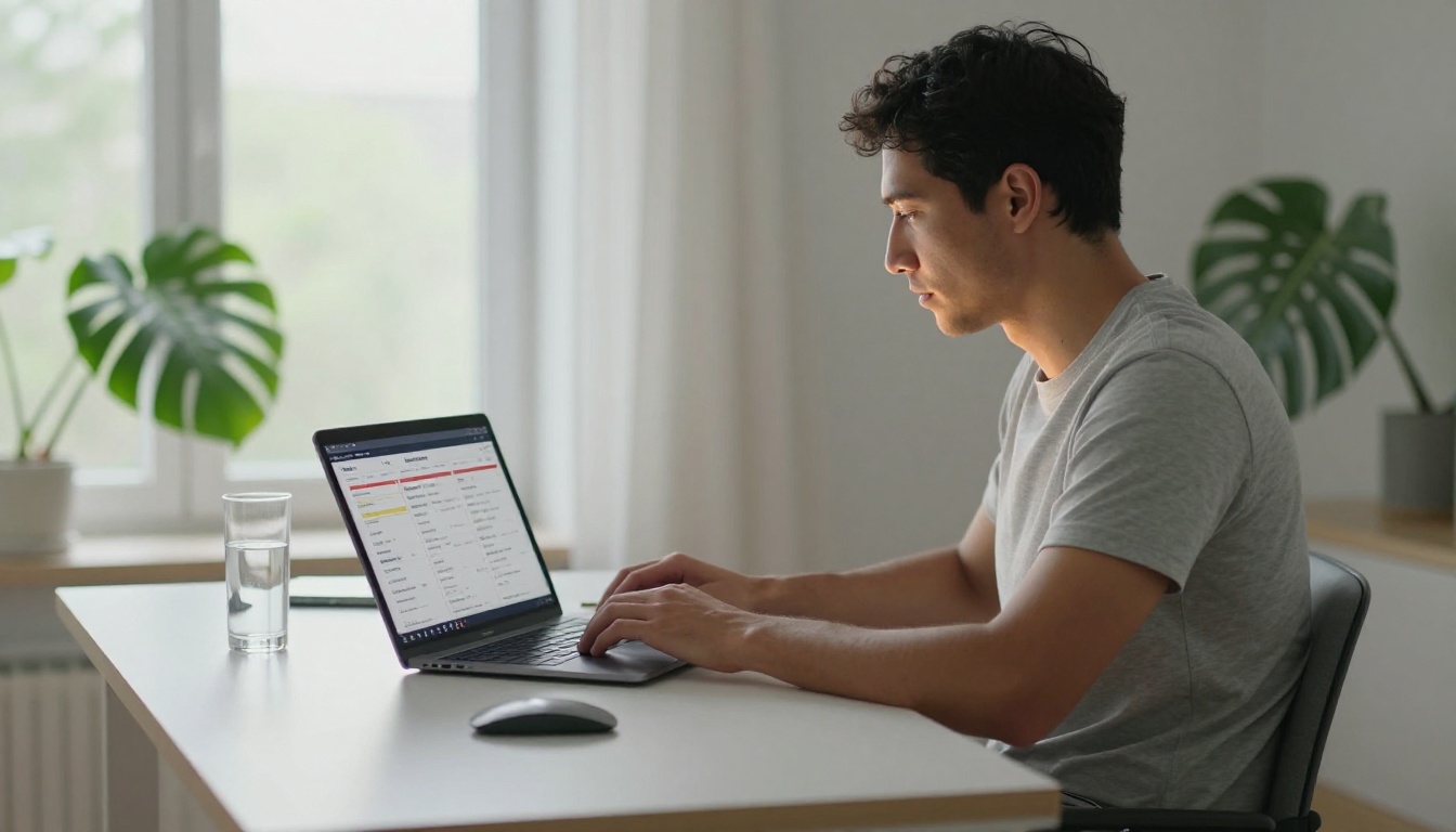 Man in Scandinavian home office reviewing flipbook pricing plans on laptop Man in Scandinavian home office reviewing flipbook pricing plans on laptop