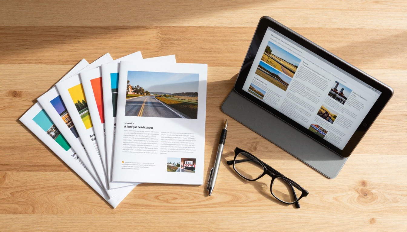 Stack of printed brochures and catalogs next to tablet displaying digital flipbook Stack of printed brochures and catalogs next to tablet displaying digital flipbook