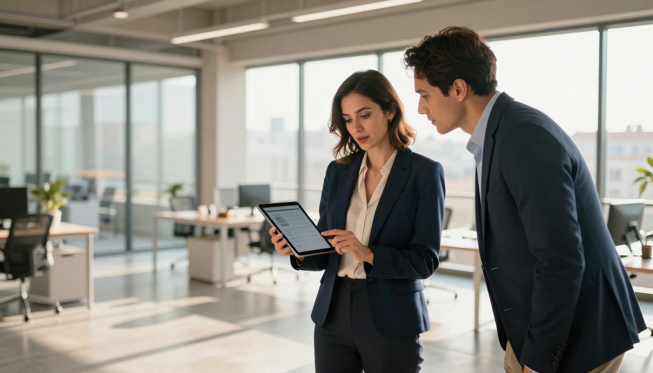 Elegant woman in navy blazer presenting digital flipbook on tablet to colleague in modern office Elegant woman in navy blazer presenting digital flipbook on tablet to colleague in modern office