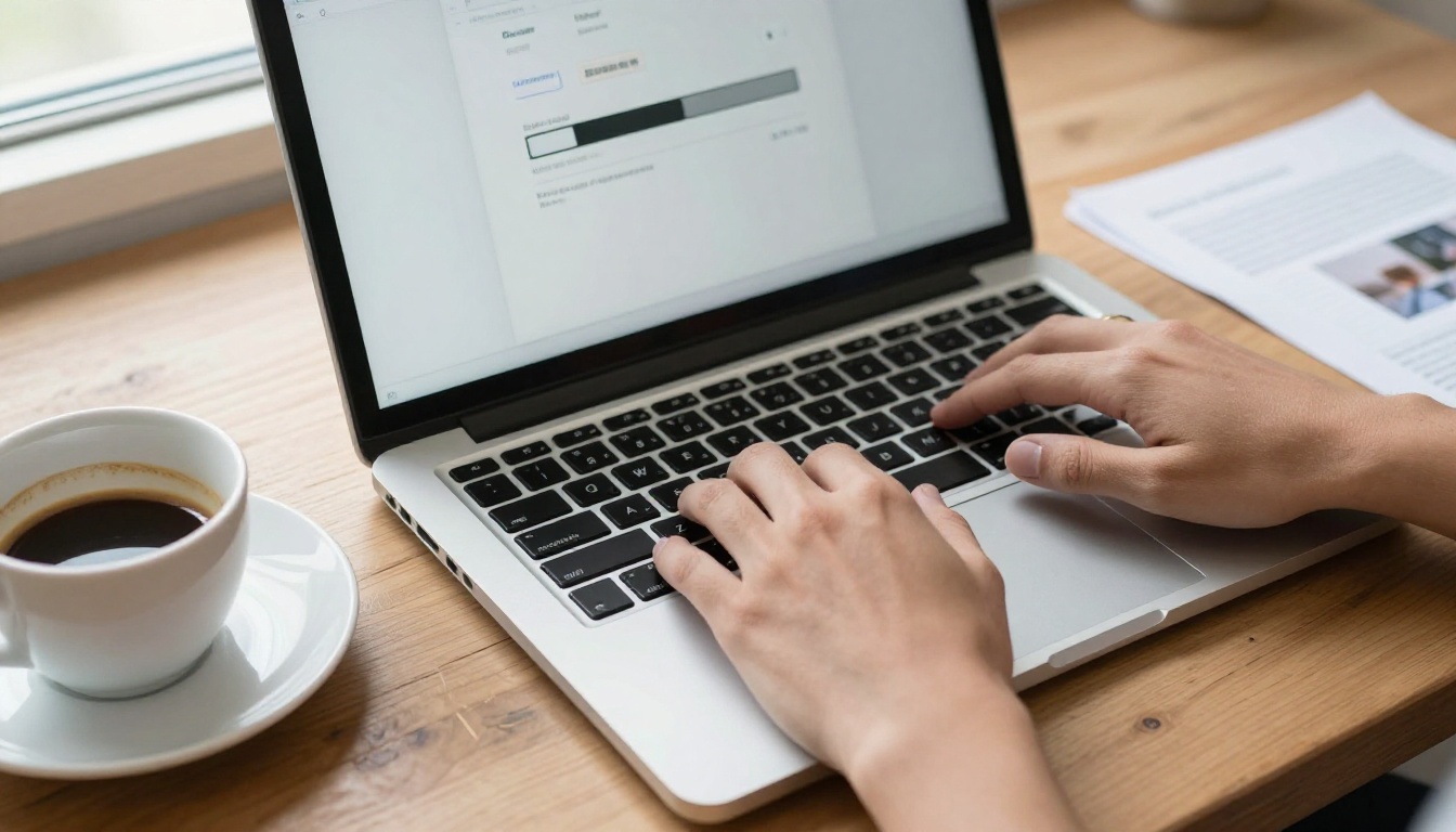 Hands typing on silver laptop with PDF upload interface visible on screen Hands typing on silver laptop with PDF upload interface visible on screen