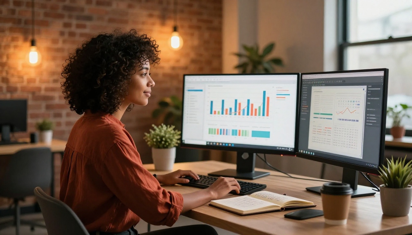Creative professional woman with curly hair reviewing content analytics with flipbook on secondary monitor in brick-wall studio Creative professional woman with curly hair reviewing content analytics with flipbook on secondary monitor in brick-wall studio