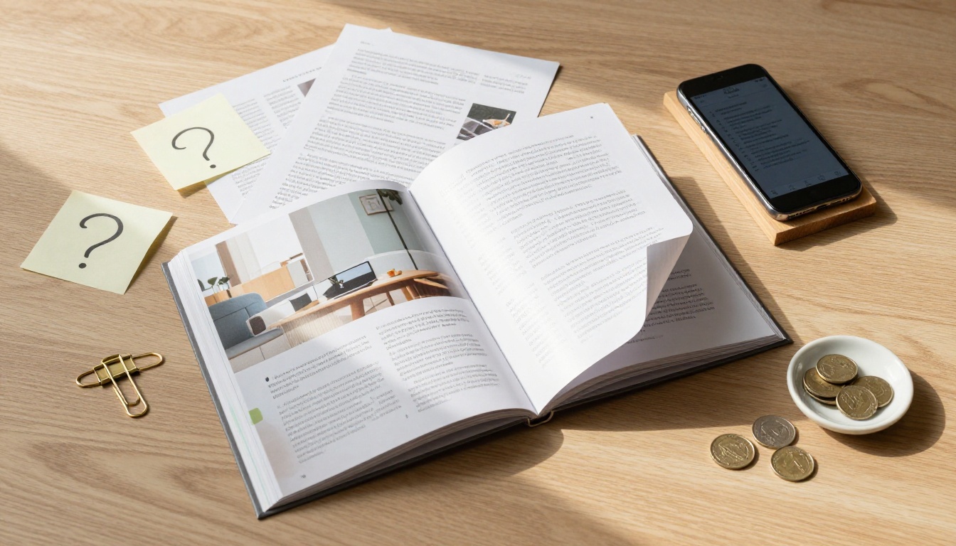Overhead flat lay of open product catalog, smartphone showing flipbook, loose printed pages and brass paper clip on oak desk Overhead flat lay of open product catalog, smartphone showing flipbook, loose printed pages and brass paper clip on oak desk