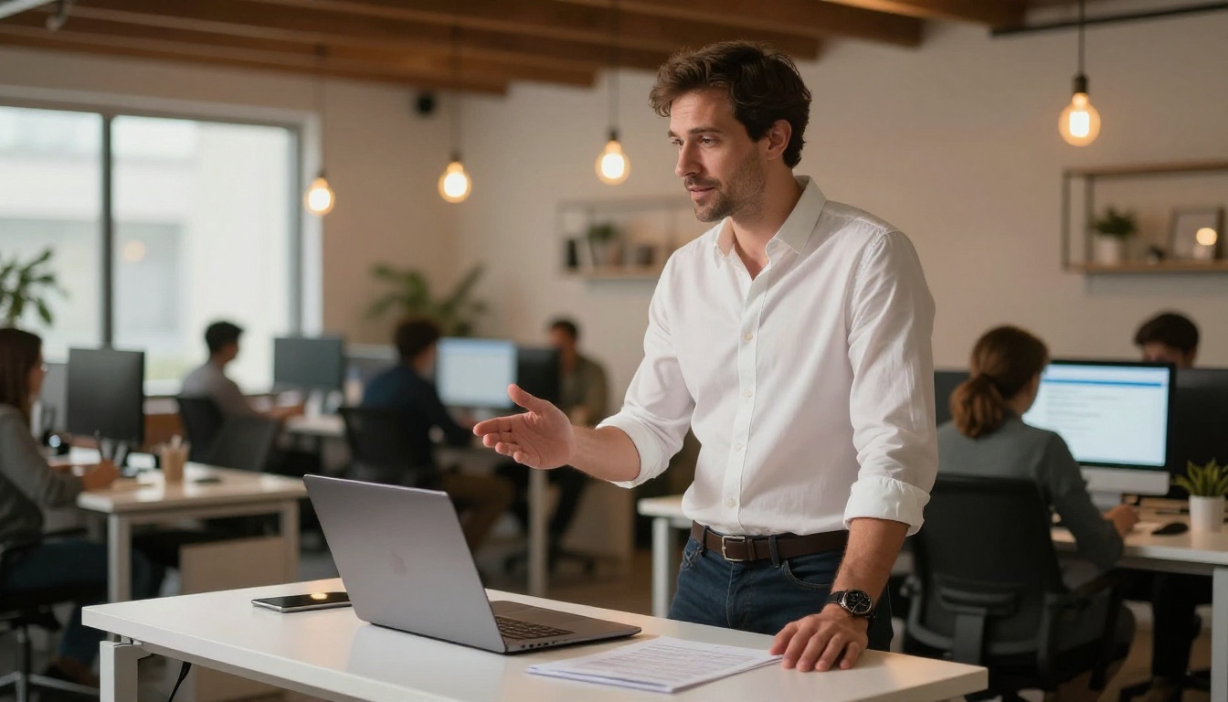 Man in white Oxford shirt standing at desk in co-working space gesturing toward laptop showing flipbook sharing options Man in white Oxford shirt standing at desk in co-working space gesturing toward laptop showing flipbook sharing options