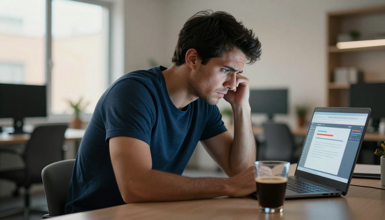 Man frustrated at a laptop showing a flipbook that won't load in a browser