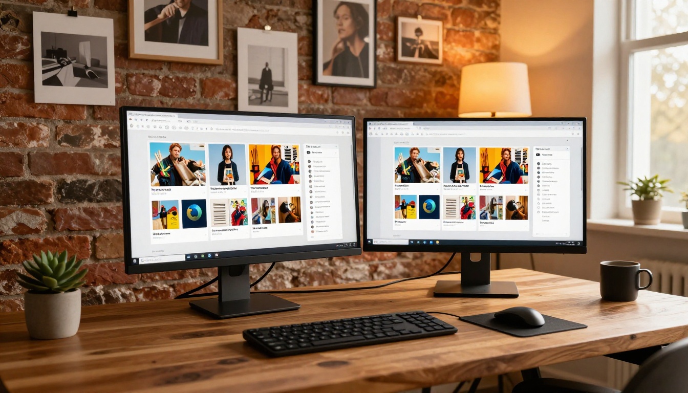 Dual monitor workstation showing Safari and Firefox side by side with the same flipbook open