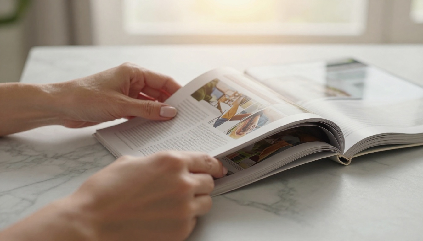 A woman's hands turning a physical magazine page next to an iPad showing a digital flipbook with the same page turn animation