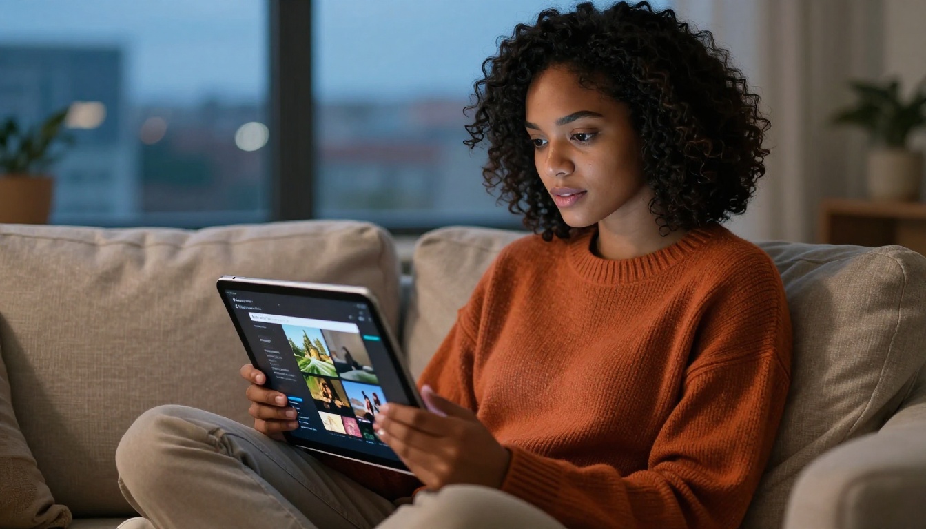 Young woman on a beige linen sofa using an iPad to view a flipbook in Safari at dusk with city lights in the window behind her