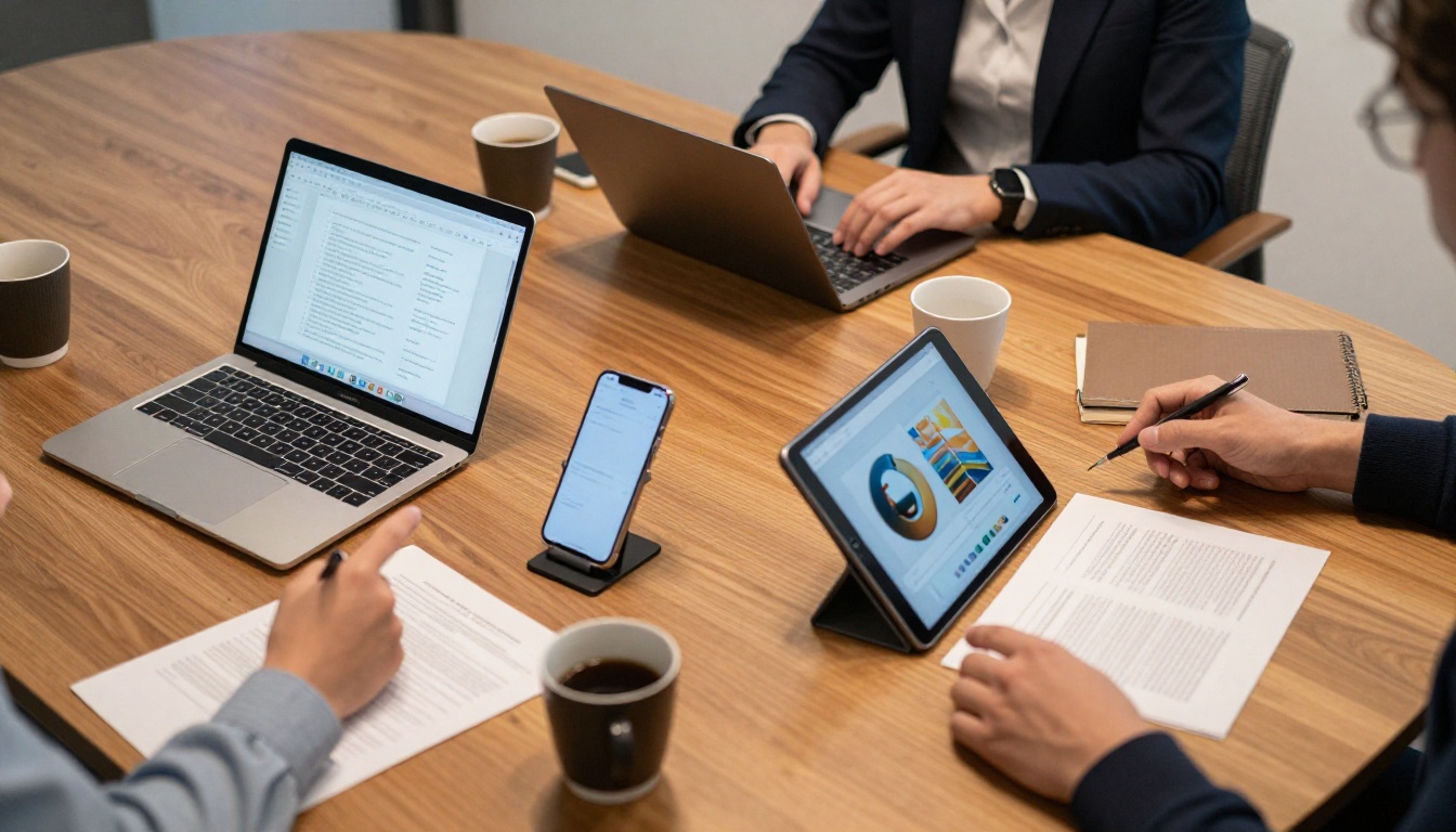 Team of three people reviewing flipbooks on multiple devices around a conference table