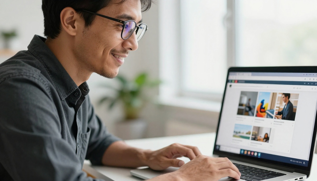 Man wearing glasses smiling at a laptop showing a successfully loaded flipbook in Firefox browser