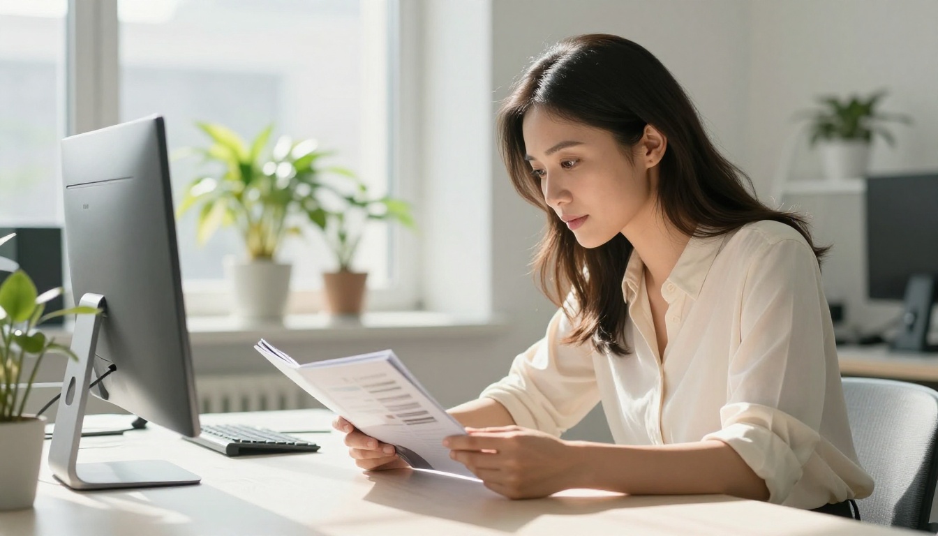 A professional woman reading a slim catalog at a bright minimalist office desk