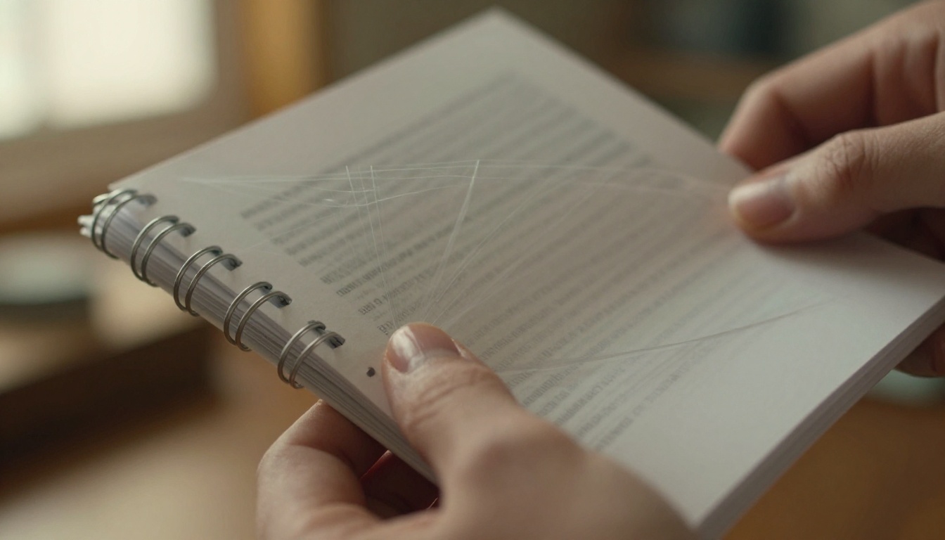 Close-up macro shot of fingers flipping through translucent pages of a short spiral-bound booklet