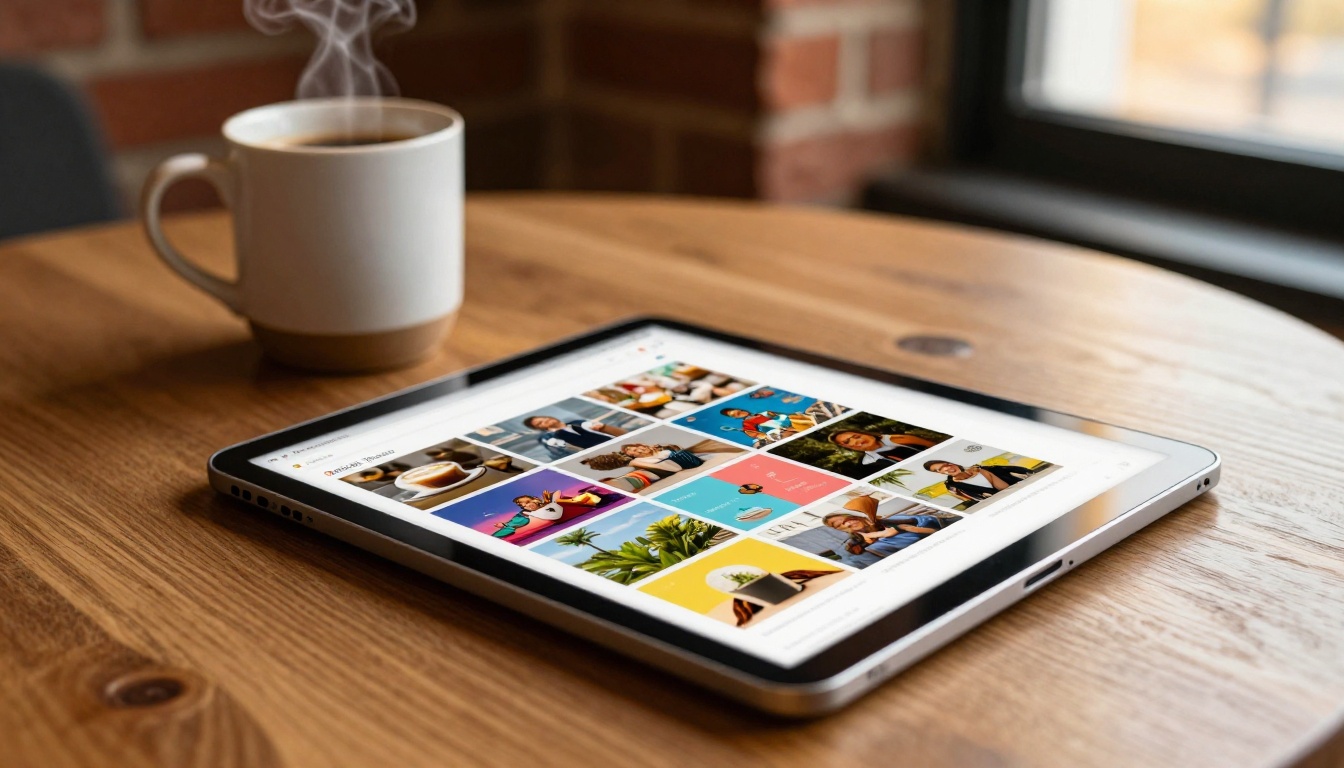 A digital tablet displaying a vibrant product catalog on a warm oak table with a coffee mug nearby
