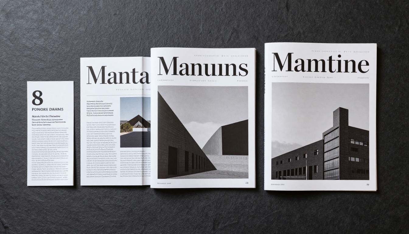 Aerial flat lay of five printed publications arranged by thickness on a dark charcoal slate surface