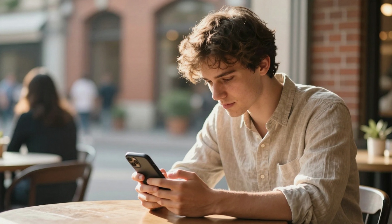 Young man reading a digital publication on his smartphone at a sunlit cafe with exposed brick walls