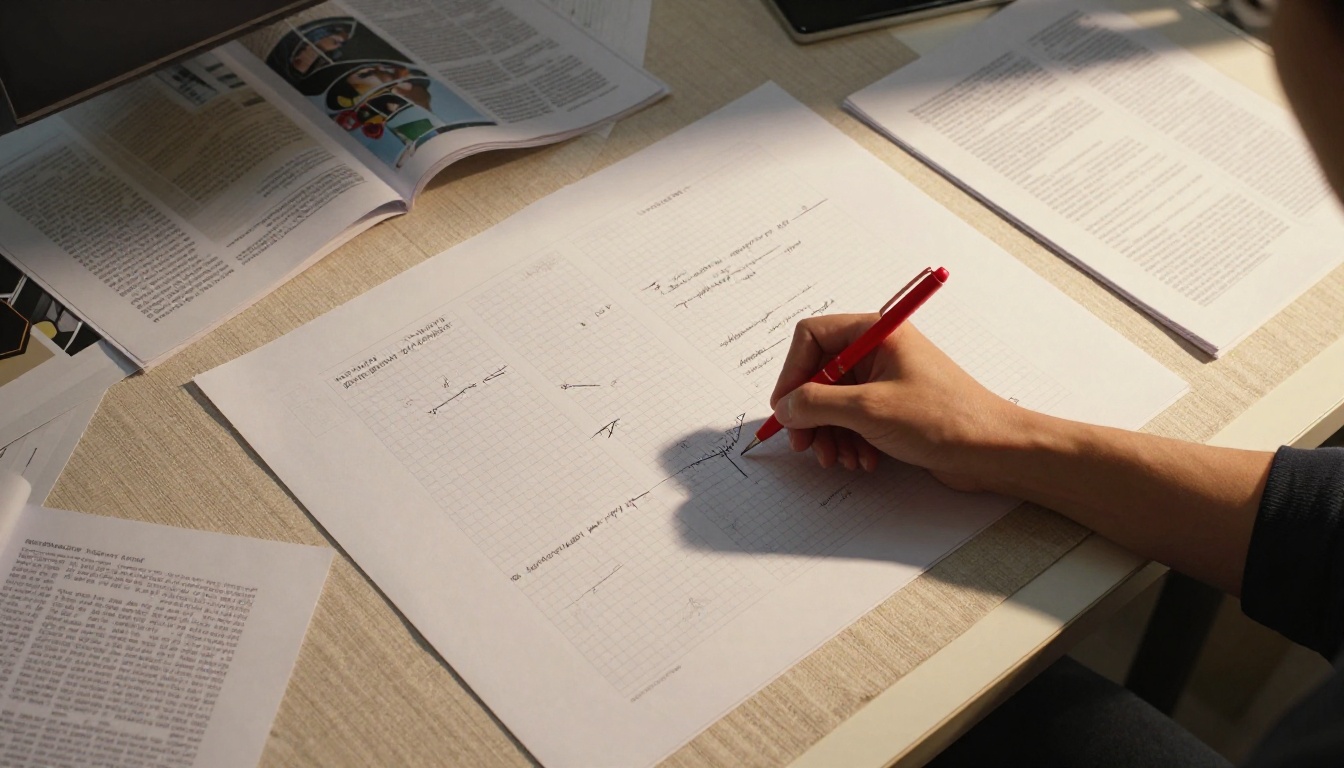 A designer reviewing annotated page layouts spread out on a white standing desk from above A designer reviewing annotated page layouts spread out on a white standing desk from above